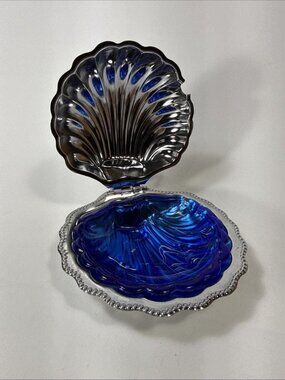 Vtg Chrome Shell Shaped Butter Dish Cobalt Blue Glass Insert Jam Caviar Dish G1
